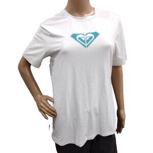Roxy Women's Size 12 White w Teal Logo Short Sleeve Rashguard Top Rash Guard
